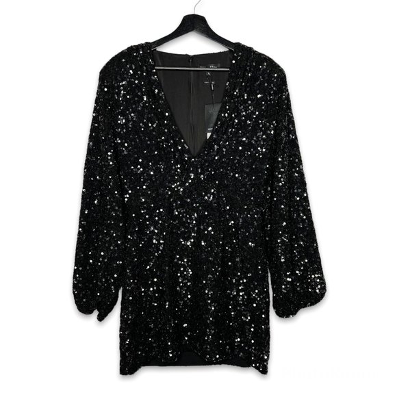 Retrofete Aubrielle Sequin Mini Dress L Black Chiffon Puff Sleeve Party Prom NWT - Picture 9 of 10